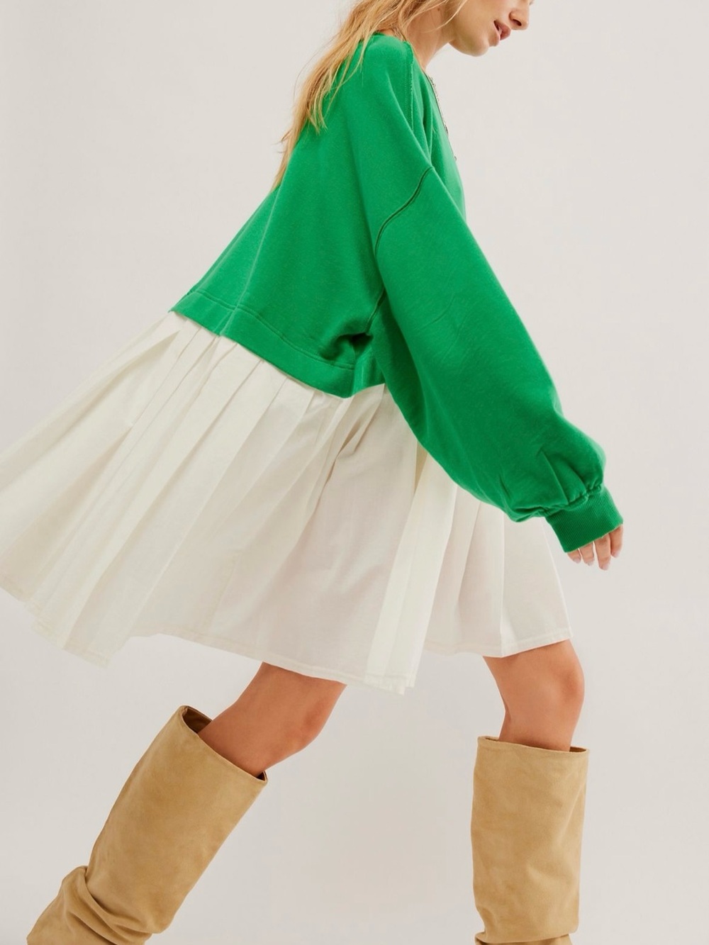 Free People Eleanor Green and White Sweatshirt Pleated Mini Dress with Flaws